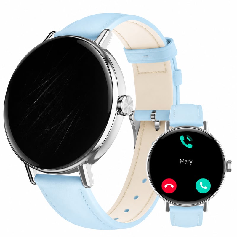 Inteligentné hodinky Yoever DR05 pre ženy s modrým koženým remienkom, Bluetooth volanie, monitor srdcového tepu, krokomer, okrúhle — Škrabanec na displeji (stav: pozri 2. obrázok)