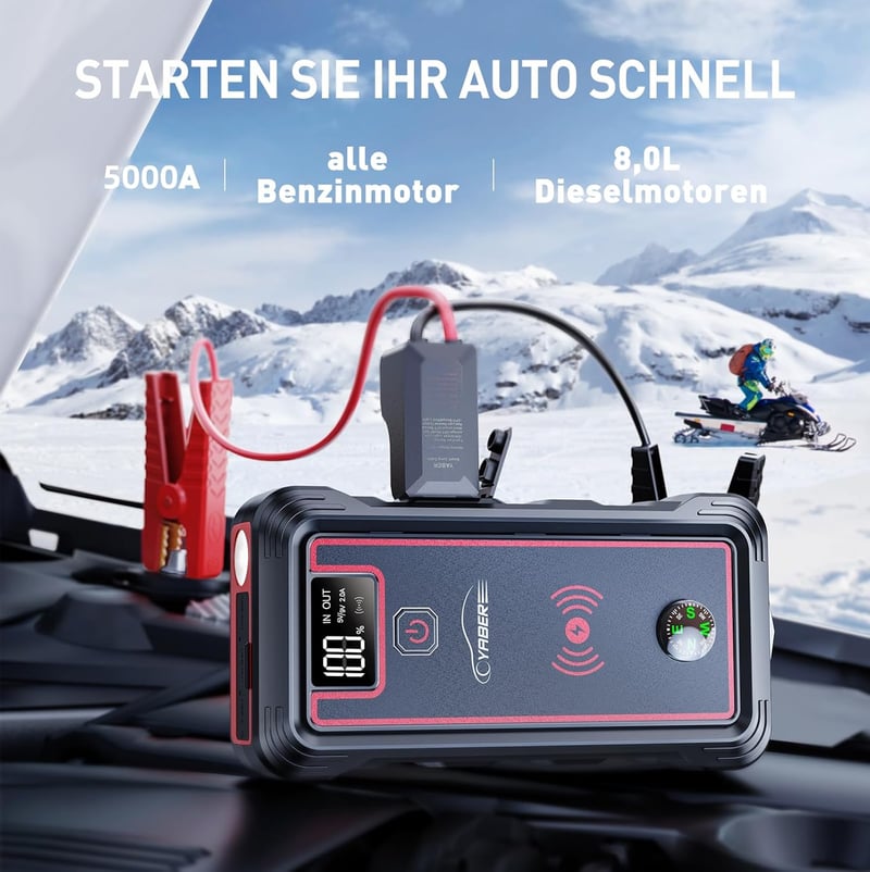 YABER YR800 Autós Bikázó Powerbank 5000A 23800mAh - 10W Vezeték Nélküli Töltő, LED Lámpa, LCD Kijelző, Benzin és 8.0L Dízel Motorokhoz