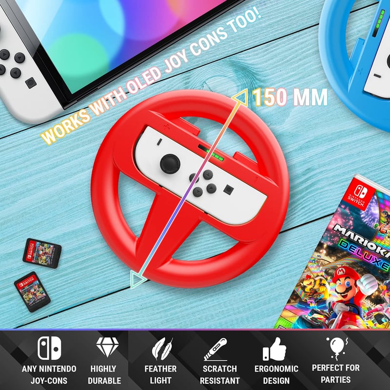 Orzly Nintendo Switch kormánykerék szett - 2 darabos kék és piros Joy-Con tartó kiegészítő Mario Kart játékhoz - valósághű versenyzési élmén