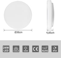 tekstap LED Mennyezeti Lámpa 24W, 4000K Természetes Fehér, IP54 Vízálló, 2400 Lumen, 30cm Kerek, Fürdőszobába, Konyhába, Nappaliba, Hálószob 5