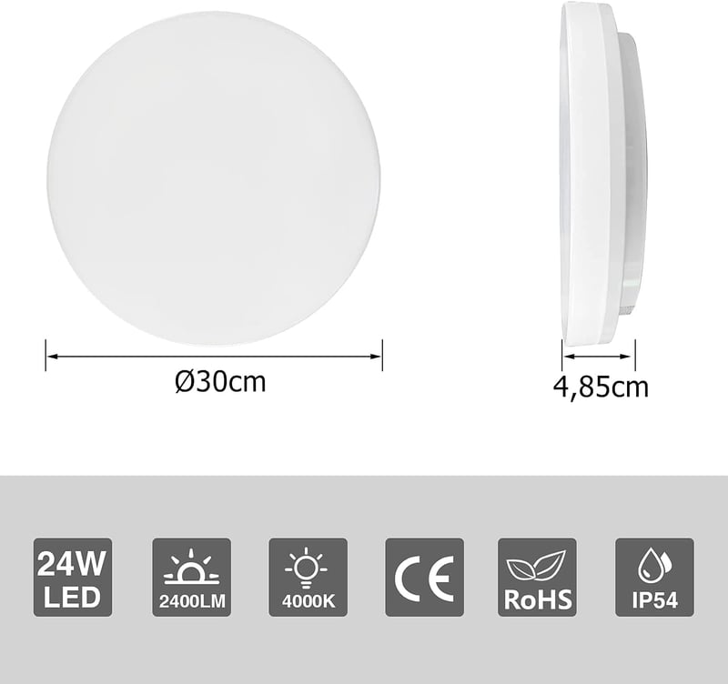 tekstap LED Mennyezeti Lámpa 24W, 4000K Természetes Fehér, IP54 Vízálló, 2400 Lumen, 30cm Kerek, Fürdőszobába, Konyhába, Nappaliba, Hálószob