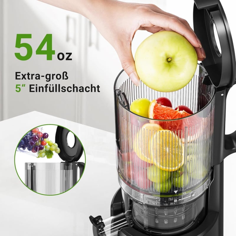 AOBOSI Slow Juicer 126 mm Extra Széles Adagolónyílással - Egész Gyümölcsök Préselésére, Erőteljes Motorral, Hármas Szűrőrendszerrel, Fekete