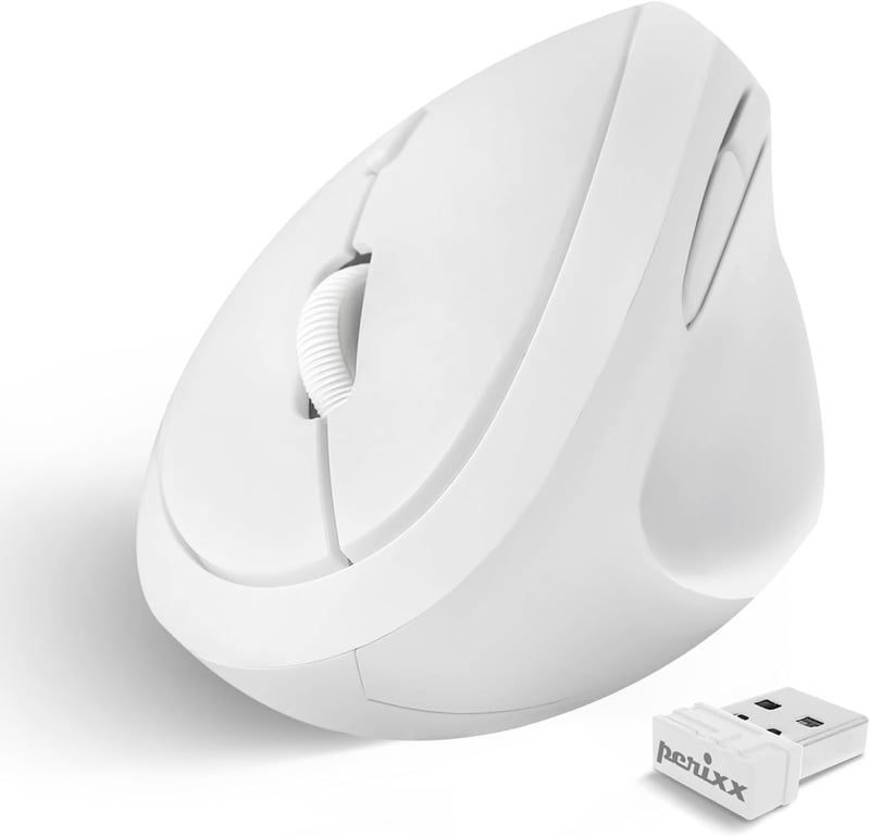 Perixx PERIMICE-719 Ergonomikus Egér - Vertikális Kialakítás Kisebb Kézhez - Állítható DPI - 6 Gombos Optikai Vezeték Nélküli Fehér Egér Iro
