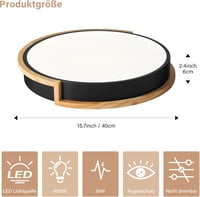 WOKNOS Fekete Mennyezeti Lámpa 40 cm, 36W LED Világítás Fa Díszítéssel, 4000K Természetes Fény, Nappali, Hálószoba, Konyha, Előszoba 5