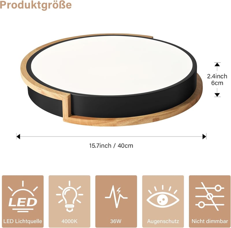 WOKNOS Fekete Mennyezeti Lámpa 40 cm, 36W LED Világítás Fa Díszítéssel, 4000K Természetes Fény, Nappali, Hálószoba, Konyha, Előszoba