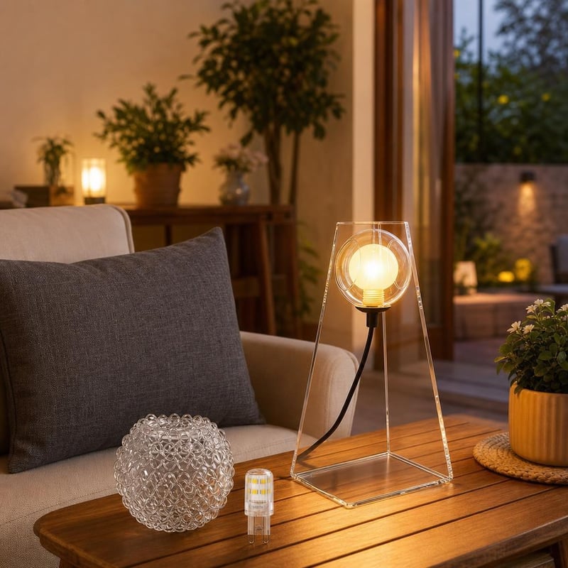 Čarolija dnevnog boravka: staklena kugla + G9 LED žarulja + stolna lampa + lanena jastučnica