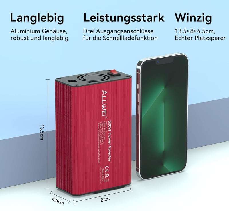 ALLWEI 300W Autós inverter 12V-230V, USB-C és USB portokkal, piros