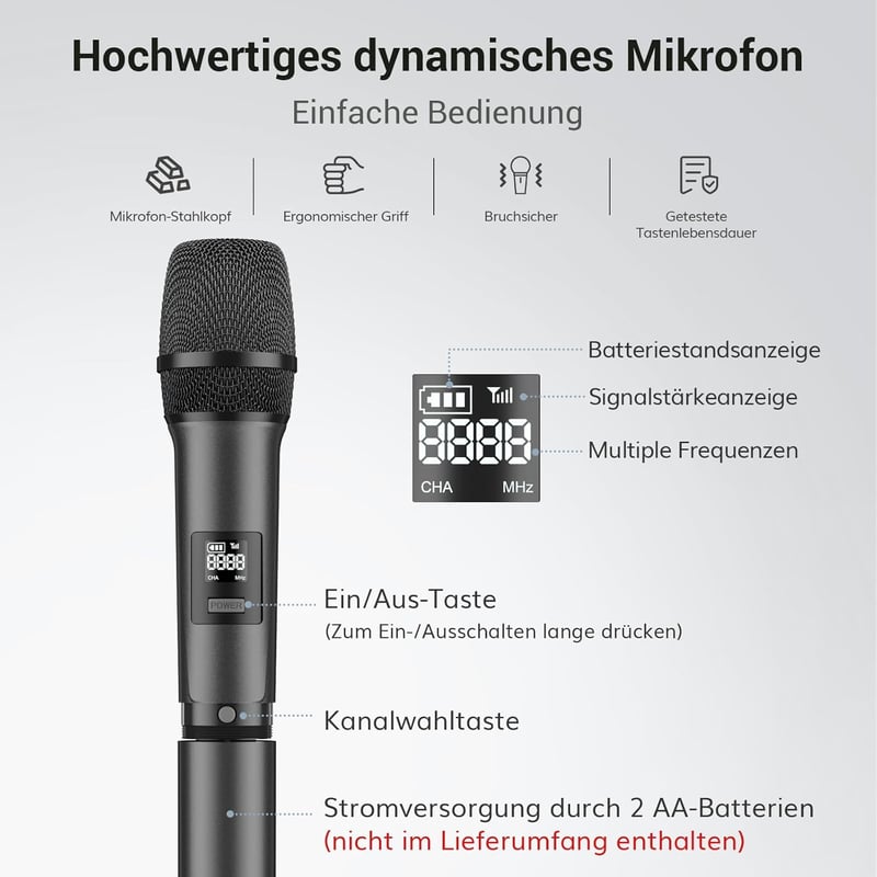 TONOR TW450 Vezeték Nélküli Mikrofon Szett - Duál Karaoke Mikrofon 60m Hatótávval, 5 Csatornával, Vevőegységgel Esküvőre, Előadásokhoz, Szür - Grey and grey