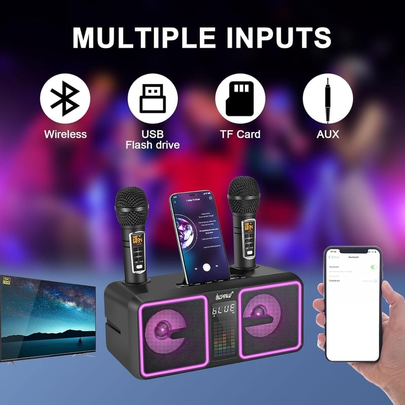 ALPOWL AL001 Karaoke Gép 2 Vezeték Nélküli UHF Mikrofonnal - Hordozható Bluetooth Hangszóró LED Fényekkel Otthoni Partikhoz, Esküvőkre
