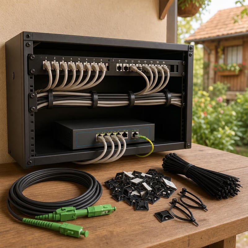 Sieťový rack set: 16p patch panel + 5p PoE switch + 300x viazače + optický kábel