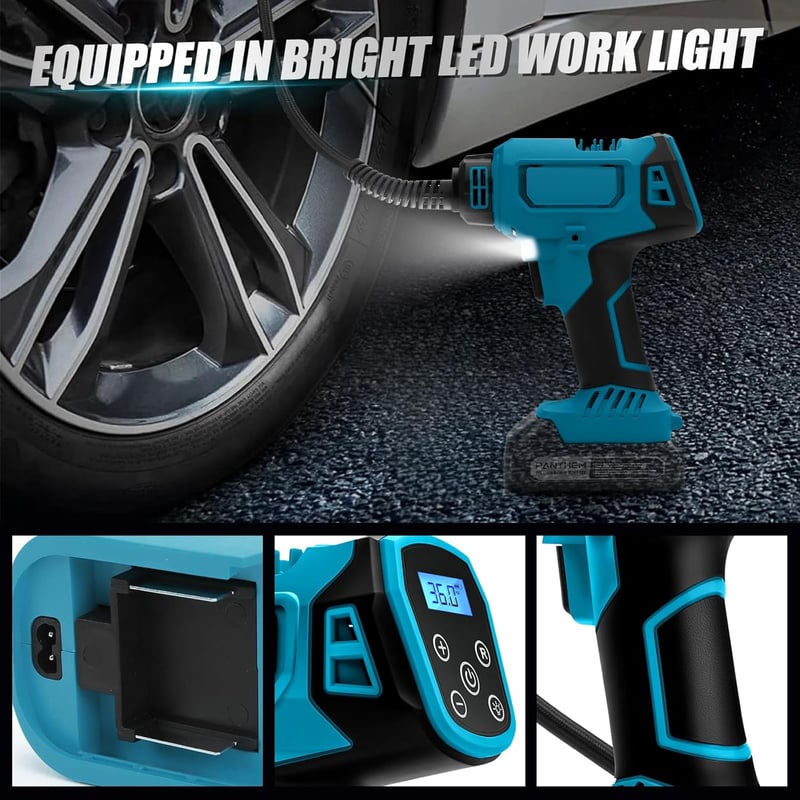 DriSubt Akkumulátoros Kompresszor Makita kompatibilis  18V - 130 PSI Elektromos Pumpa Digitális Kijelzővel, LED Világítással