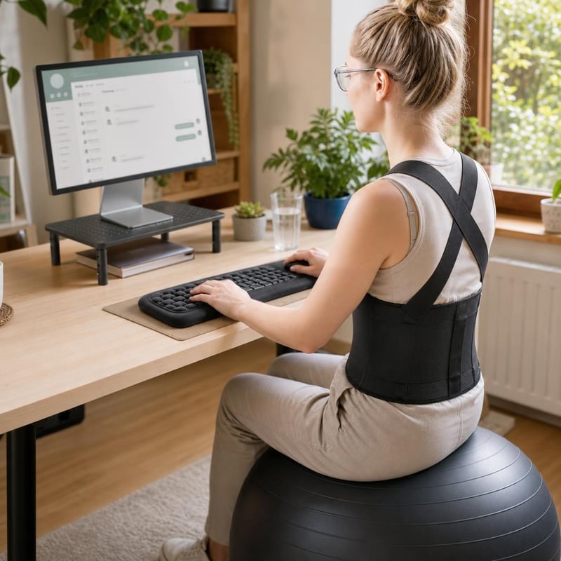 Ergonomski uredski set: 1x lopta za sjedenje M + 1x oslonac za zglobove + 1x pojas za leđa + 1x stalak