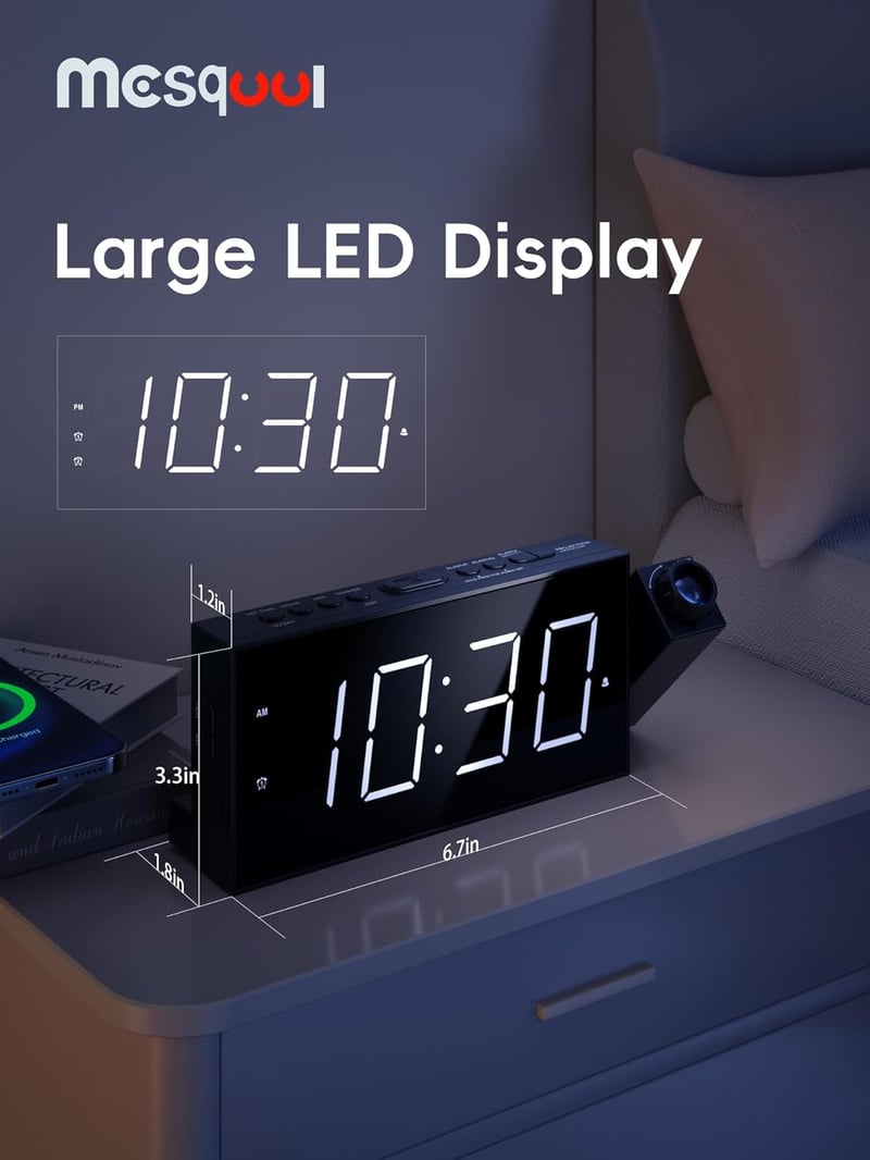 Digitális Projektoros Ébresztőóra 7" LED Kijelzővel - Fényerőszabályzás, 180° Forgatható Projektor, USB Töltő, Szundi Funkció, Tartalék Elem