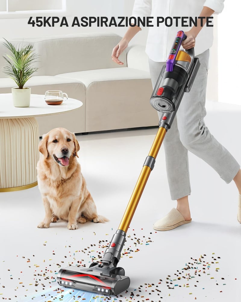 Kissof T17 Vezeték Nélküli Porszívó, 45000Pa Szívóerő, 550W Motor, 70 Perces Üzemidő, HEPA Szűrő, 1.6L Portartály, Arany