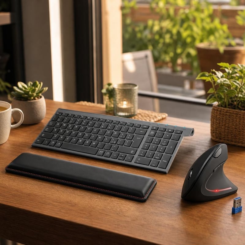 Pachet Ergonomie Birou: tastatură ergonomică + mouse vertical + suport încheietură