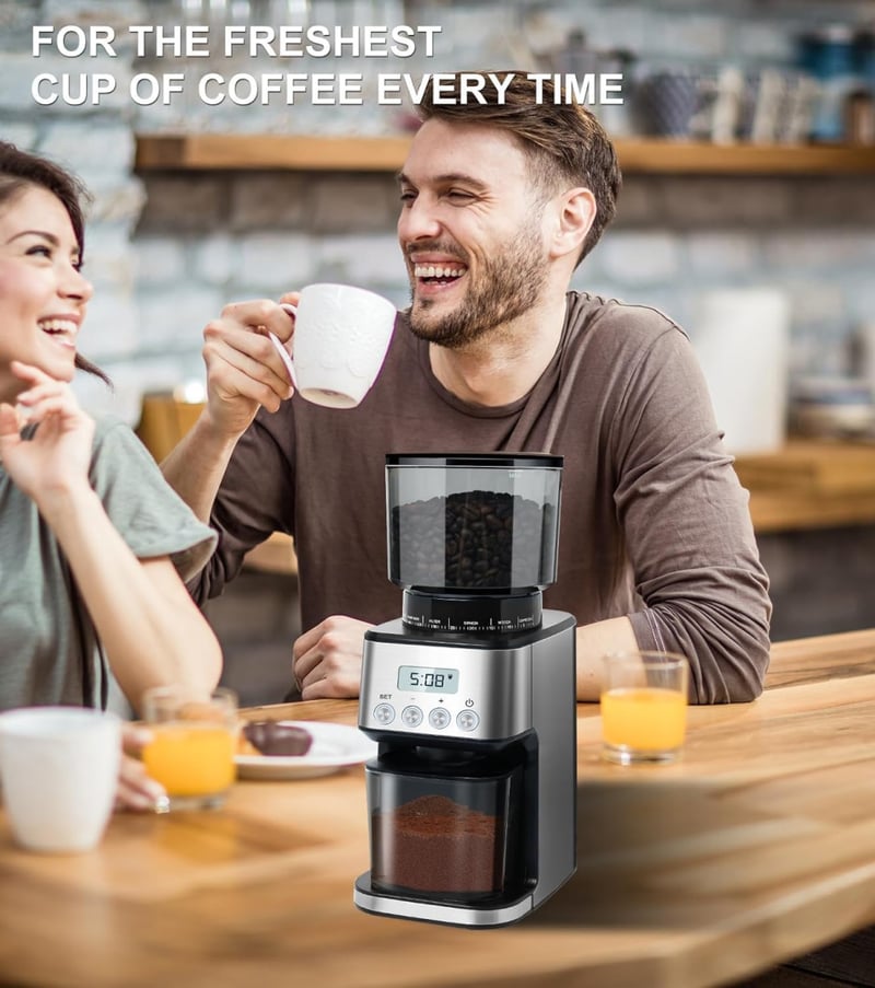 Homtone Elektromos Kávédaráló 51 Őrlési Fokozattal - Portafilterhez és Tárolóhoz, Rozsdamentes Acél, Csepegtetős/Pour Over/Cold Brew/French 