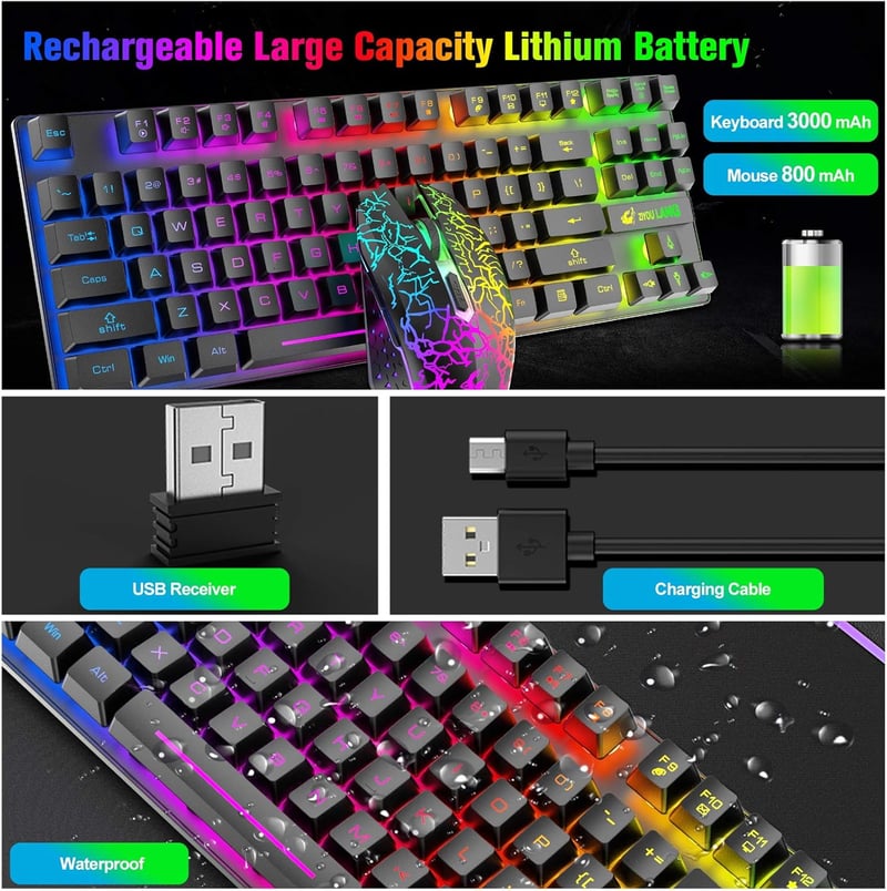 LexonElec Vezeték Nélküli Gaming Billentyűzet és Egér Szett, 87 Gombos RGB LED Háttérvilágítás, 3800mAh Akkumulátor, Fekete