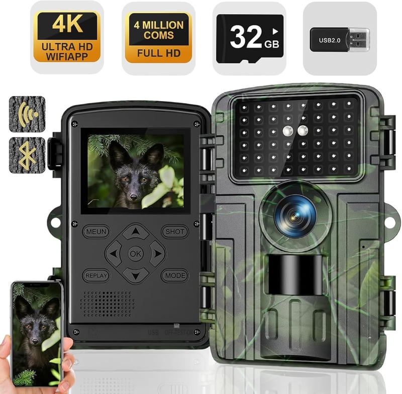 Lutranstra 4K Vadkamera 60MP WiFi Applikációval, Éjjellátó, 0.1mp Indítási Idő, Mozgásérzékelő, Vízálló IP66, 32GB Memóriakártyával, Bluetoo
