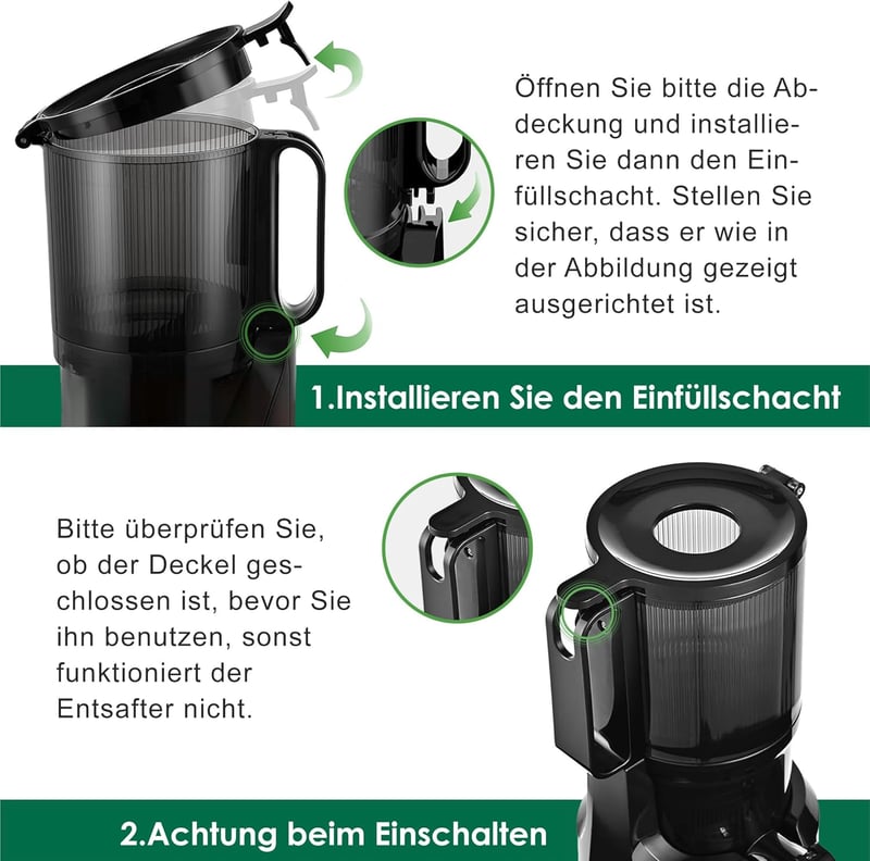 Fretta Slow Juicer 200W - Fekete gyümölcsprés 108mm-es adagolónyílással, egész gyümölcsökhöz, BPA-mentes Tritan anyagból, könnyen tisztíthat