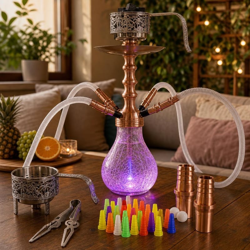Shisha párty set: 100x náustok + kliešte + 2x adaptér + 4-vývodová LED vodná fajka