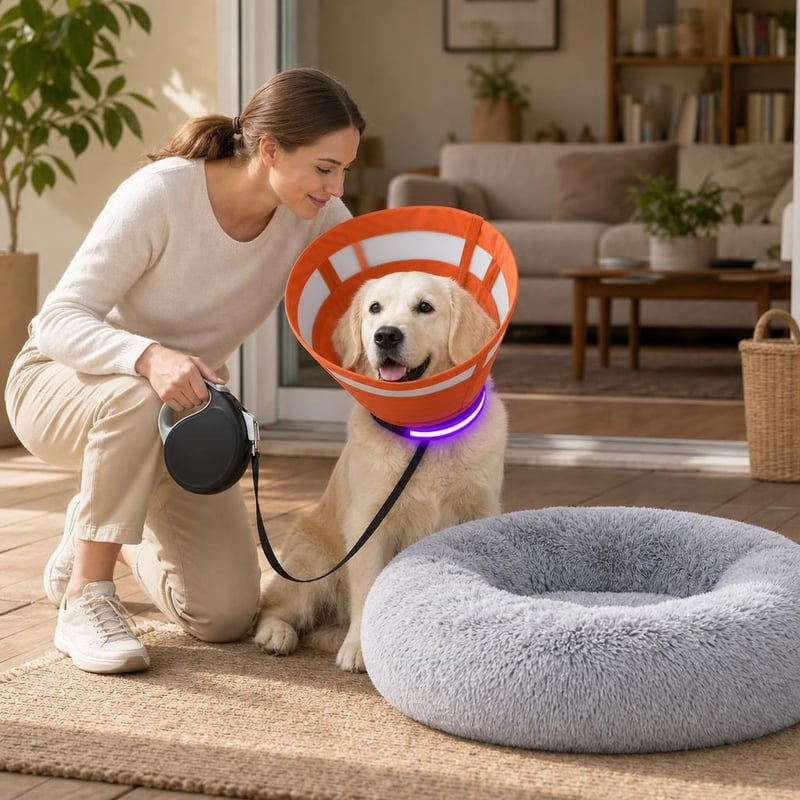 Pachet Recuperare Câini: 1x Guler L + 1x Zgardă LED L + 1x Lesă 8m + 1x Pat Donut 80cm