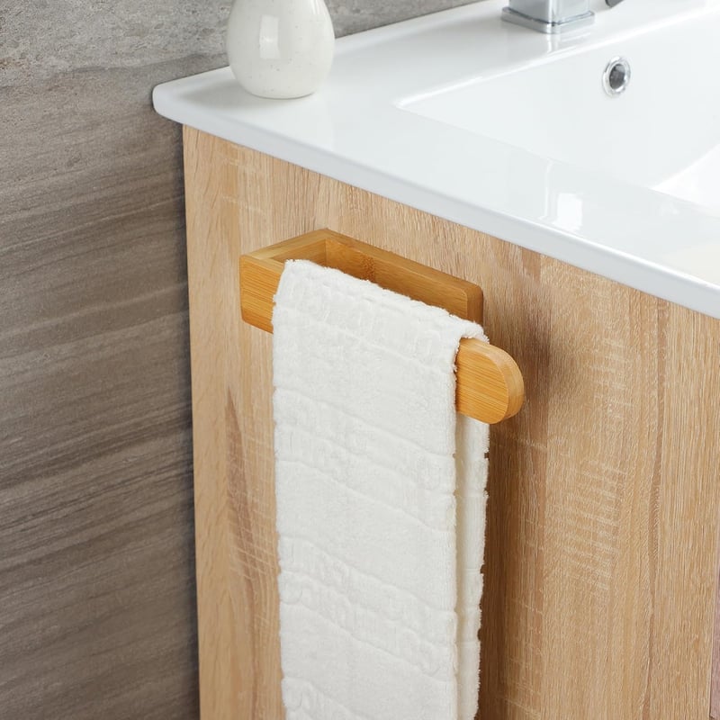 Taozun Bambusz Törölközőtartó 20 cm - Öntapadós Fürdőszobai Fali Akasztó, Fúrás Nélkül Felszerelhető, Természetes Fa Dizájn Konyhába és Fürd
