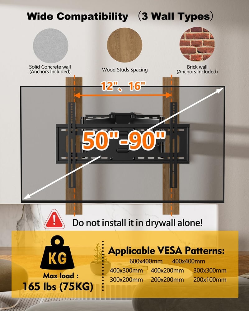 FORGING MOUNT TV Fali Tartó 109 cm Dupla Karos Konzol 50-90" Lapos/Ívelt TV-hez, 75 kg Teherbírás, Dönthető, Forgatható, VESA 600x400mm