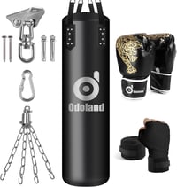 Odoland 6 az 1-ben Boxzsák Szett Felnőtteknek - 120 cm-es Üres Zsák, 12 oz Bokszkesztyű, Mennyezeti Kampó és Lánc, PU Bőr, MMA, Thai Box - Black, L, 6 in 1 6