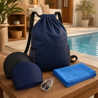 Pachet echipament înot: 2 căști înot + rucsac sport cu plasă minge + prosop microfibră 1