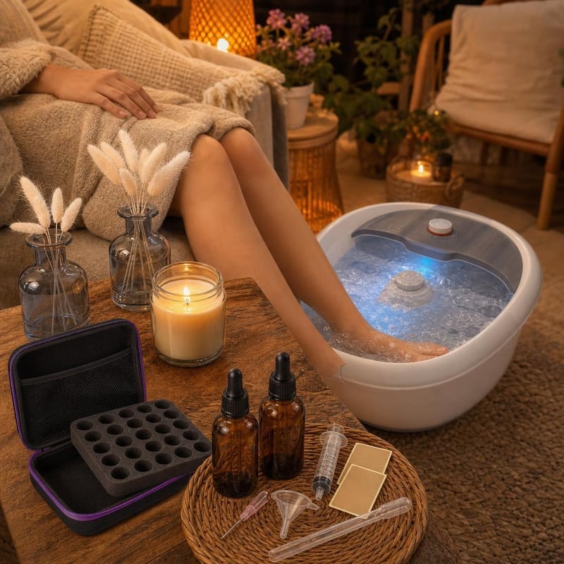 Aromanyugalom esték: 2 db aroma diffúzor + olajtároló táska + 2 db pipetta + gyertya + vibrációs lábfürdő