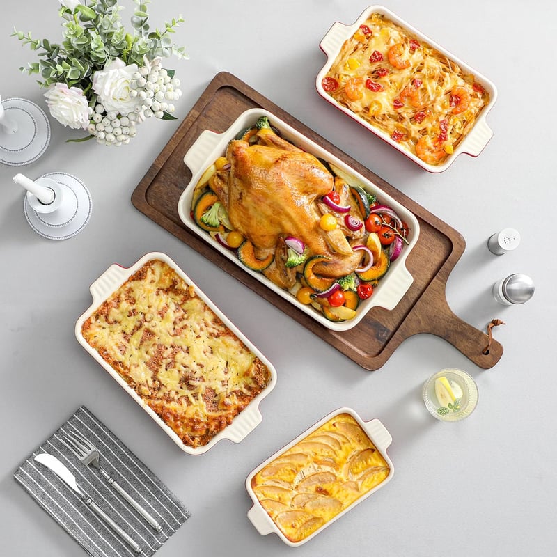 MALACASA 4 részes piros porcelán sütőtál készlet, kerek forma, tapadásmentes, fagyasztható, mosogatógépben mosható, hőálló tálak 9-13,3" mér