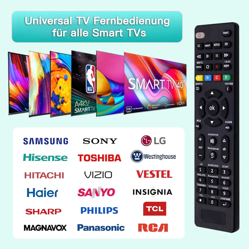 FOXRMT Univerzális TV Távirányító Samsung, LG, Sony, TCL, Sharp, Toshiba, Hisense okostévékhez - 10m hatótáv, 40 gomb, egyszerű beállítás