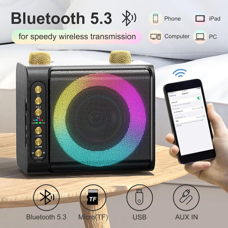 Hordozható Bluetooth Karaoke Rendszer 2 Vezeték Nélküli Mikrofonnal, 7 LED Fénnyel