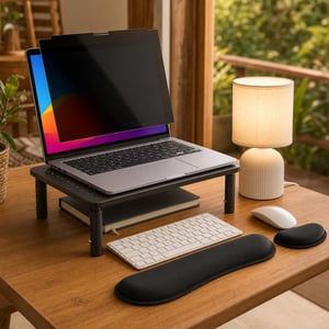 Set Ergonomic pentru Birou: 1x Filtru 14" + Suport Laptop + Lampă + Suport încheietură cu gel