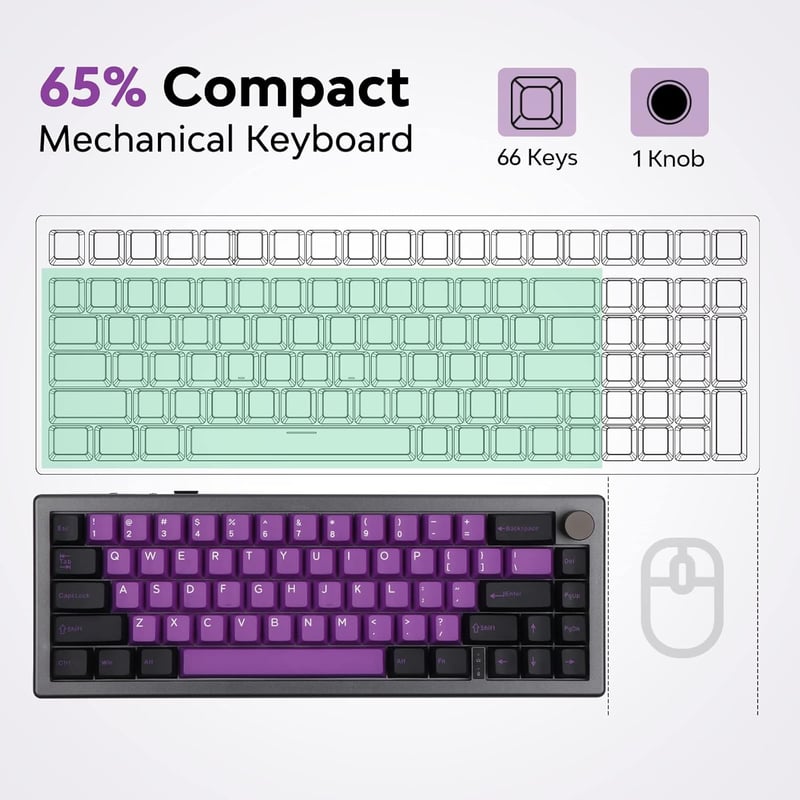 EPOMAKER EK68 65% Mechanikus Gamer Billentyűzet, Hot-Swap, Hármas Csatlakozás, 3000 mAh Akkumulátor, RGB Háttérvilágítás, PBT Keycaps, Feket