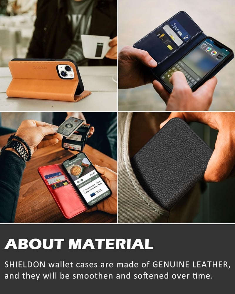 iPhone 14 Valódi Bőr Flip Tok RFID Védelemmel - SHIELDON Retro Barna