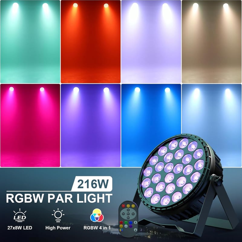 Ukfog 216W RGBW LED Par Reflektor - 27x8W DMX Diszkó Fény Távirányítóval - 6 Üzemmódú Színpadi Világítás DJ Partikra, Esküvőkre, Karácsonyi  - 1 PC