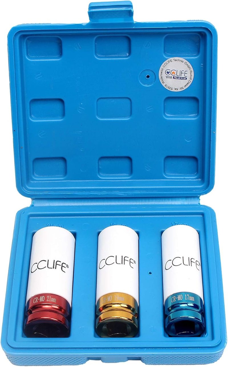 CCLIFE 3 részes dugókulcs készlet 1/2" krómacél - 17, 19, 21 mm méretű alufelni védőbetétekkel, 78 mm hosszú, ütvecsavarozóhoz és nyomatékku