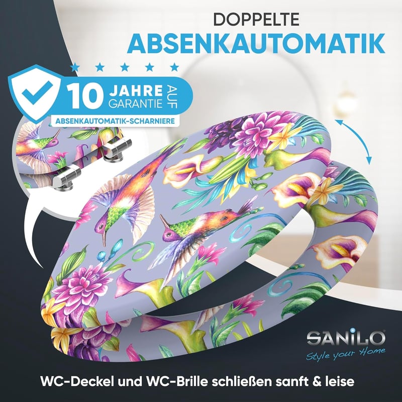Sanilo Kolibri Mintás WC Ülőke Puha Záródással - Ovális Fa Toalett Tető, Könnyű Szerelés, Strapabíró Zsanérok, 47x37,7 cm