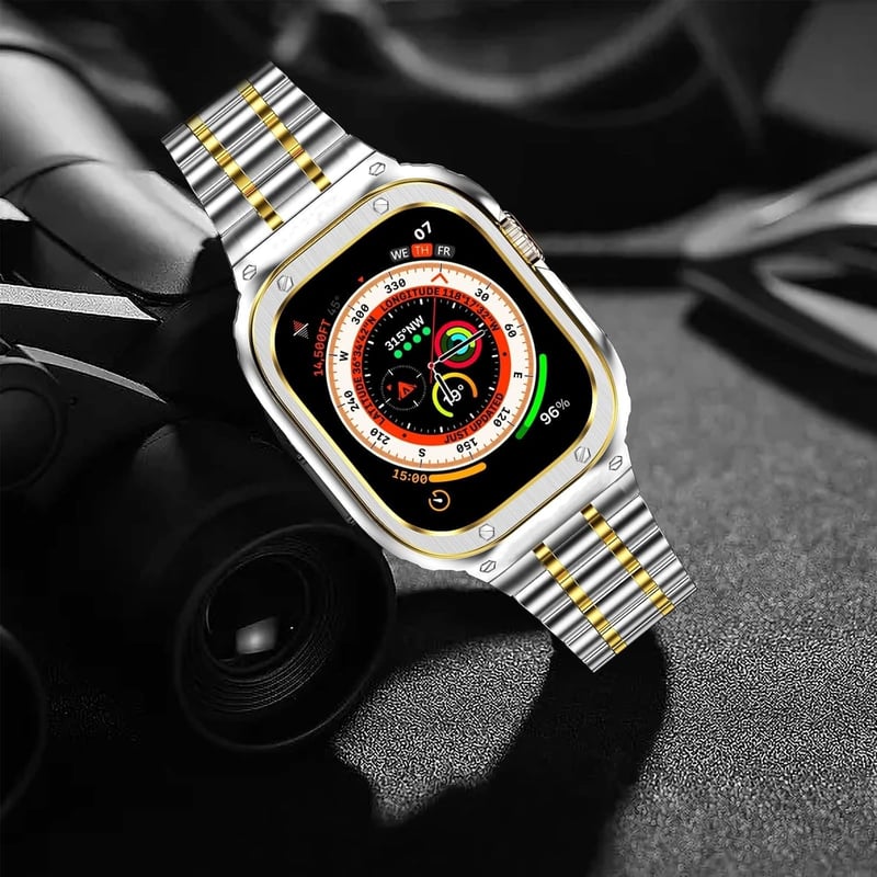 Apple Watch Ultra 49mm Védőtokos Fém Szíj - MioHHR Ütésálló Ezüst/Arany