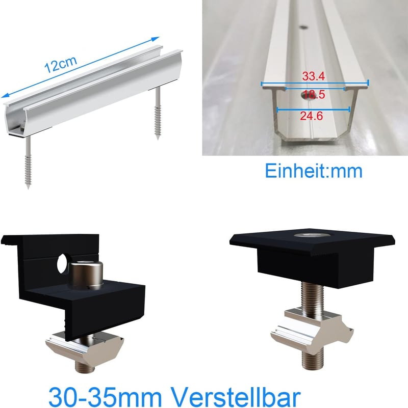 XIDA Napelem Rögzítő Készlet 12 cm - Fekete Eloxált Alumínium Tartókonzol 30-35 mm-es Keretekhez, Trapézlemez és Lapostető Szereléshez, 2 Pa