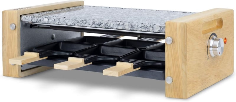 H.Koenig WOD6 raclette grillsütő 6 személyre, kőlapos, 900W, fa-inox kivitel
