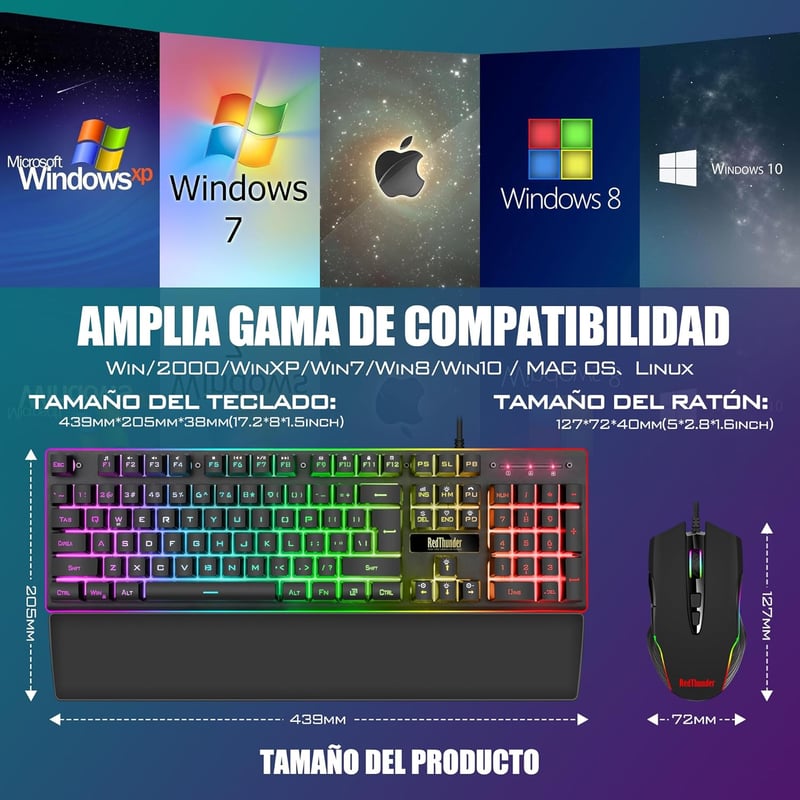 RedThunder K10 3-in-1 Gamer Billentyűzet és Egér Szett Bőr Csuklótámasszal, RGB Háttérvilágítás, Mechanikus Érintés, Spanyol Kiosztás, 7200
