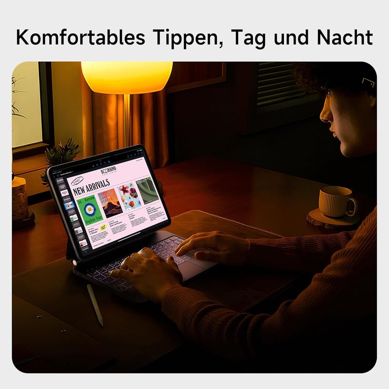 HOU Magic Keyboard iPad Pro 11 M4 2024 - Bluetooth billentyűzet érintőpaddal, 7 színű háttérvilágítással, német QWERTZ kiosztással, fekete