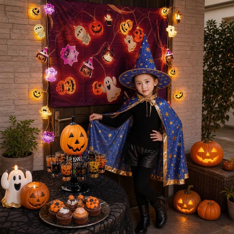 Halloween party set: LED lampice + ukras za vrata + dječji kostim čarobnjaka + 6x čašice za shot