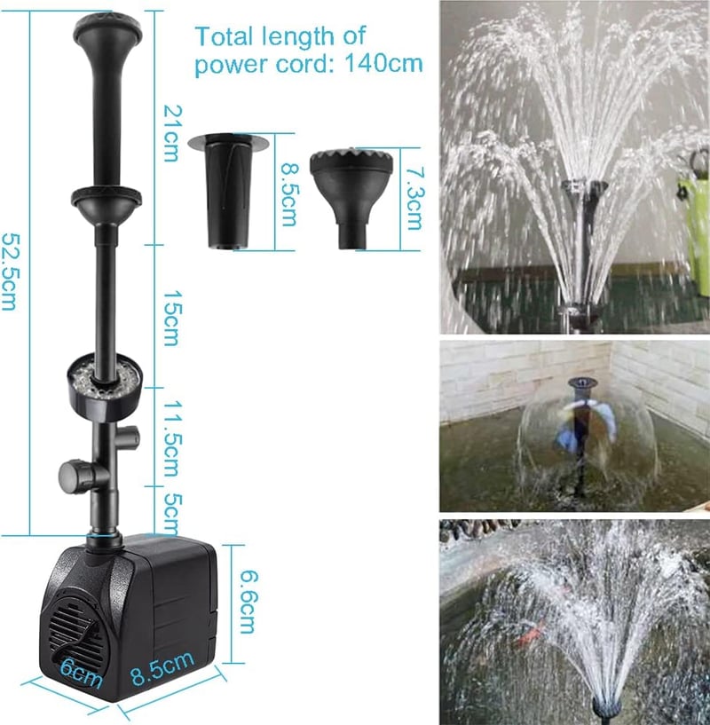 Bseical LED-es Kerti Szökőkút Szivattyú, 2000L/h, 25W, Állítható Víznyomás, 3 Fúvóka, Csendes Működés, Tó, Akvárium, Vízesés - A 3 in 1 With Led Light