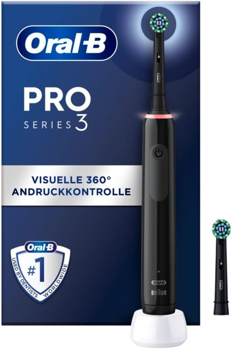 Oral-B PRO 3 3000 Elektromos Fogkefe, 2 CrossAction Pótfejjel, 3 Tisztítási Móddal és 360° Nyomásérzékelővel, Fekete