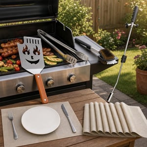Grill set za početnike: lopatica + hvataljke + plinski upaljač + četka + 8 podmetača