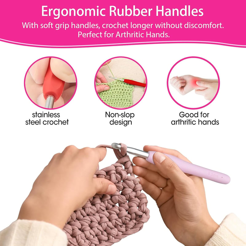 RealPlus 44 Részes Rózsaszín Horgolótű Készlet Ergonomikus Gumi Fogantyúval - 12 Méretű (2-8mm) Horgolókészlet Kezdőknek és Haladóknak