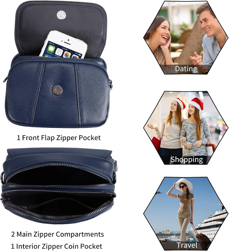 HAWEE Női Valódi Bőr Telefontartó Táska - Kék Elegáns Válltáska 3 Cipzárral, Állítható Pánttal, Mobiltartó Kis Méretű Crossbody

AI: I've cr